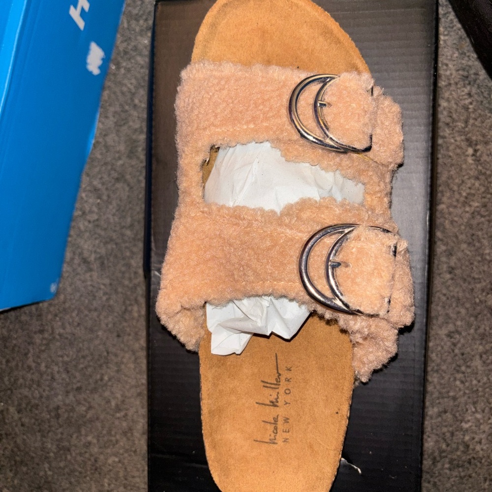 Beige Shearling Buckle Sandals